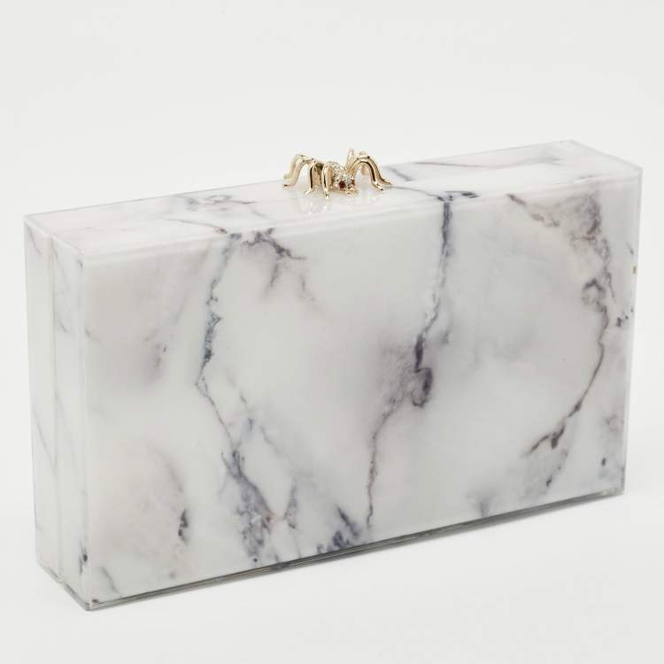 Pre Owned Charlotte Olympia White Marble Effect Perspex Spider Pandora Box Clutch