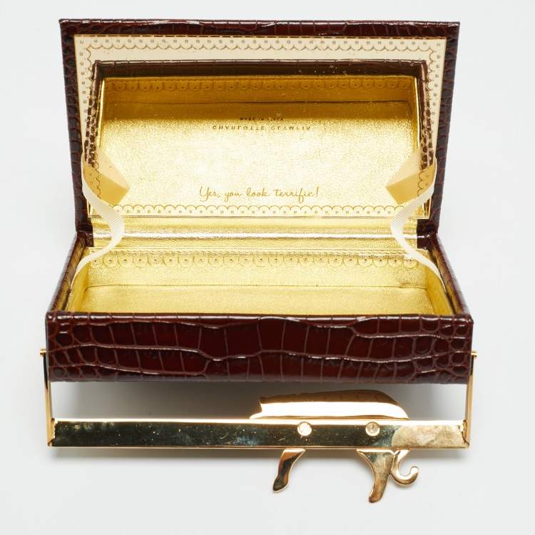 Pre Owned Charlotte Olympia Leopard Detail Brown Croc Embossed Leather Clutch