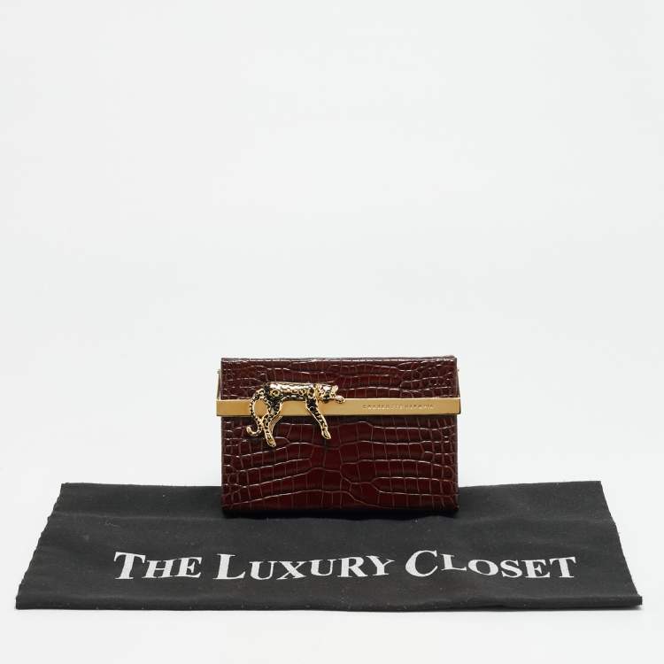 Pre Owned Charlotte Olympia Leopard Detail Brown Croc Embossed Leather Clutch