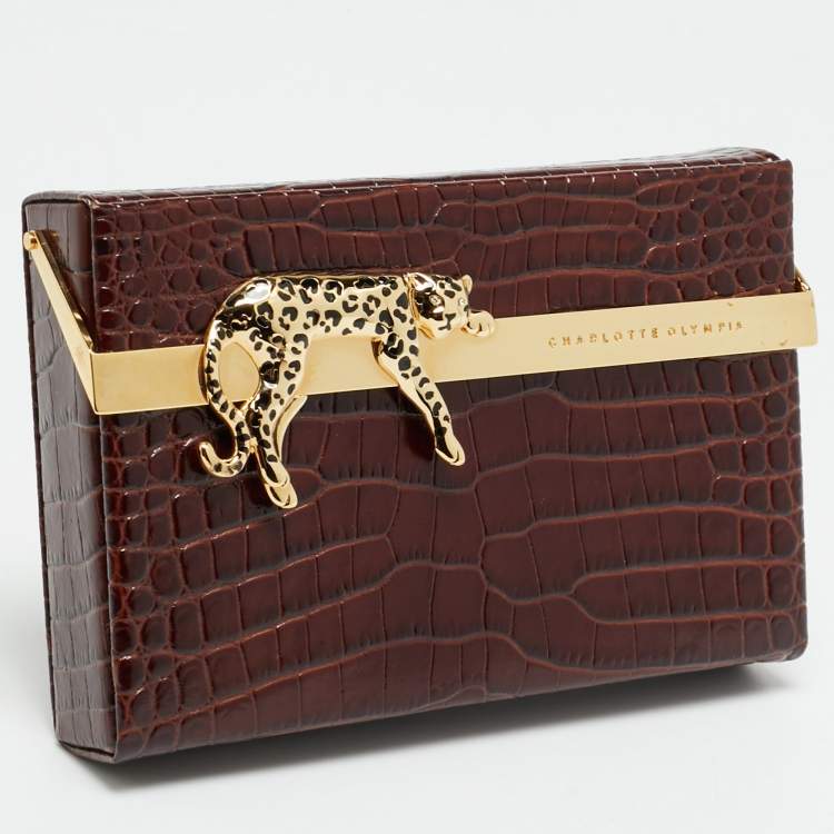 Pre Owned Charlotte Olympia Leopard Detail Brown Croc Embossed Leather Clutch