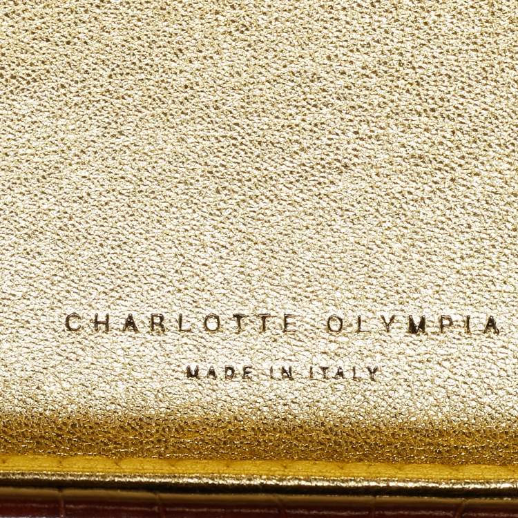 Pre Owned Charlotte Olympia Leopard Detail Brown Croc Embossed Leather Clutch