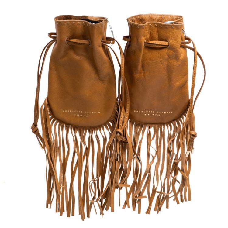 Pre Owned Charlotte Olympia Brown Leather Fringe Kitty Set of 2 Pochette 