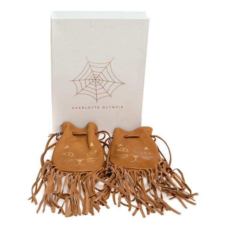 Pre Owned Charlotte Olympia Brown Leather Fringe Kitty Set of 2 Pochette 