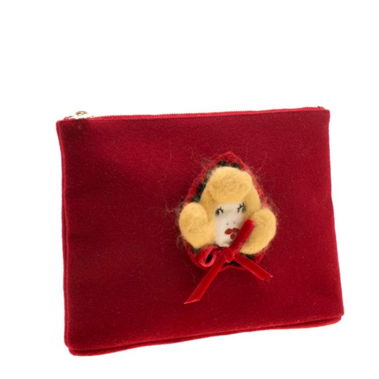 Pre Owned Charlotte Olympia Red Wool Red Riding Hood Felt Pouch