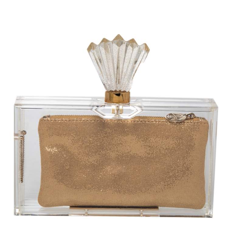 Pre Owned Charlotte Olympia Gold Perspex Pandora Box Clutch
