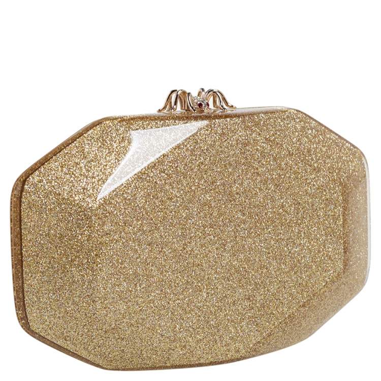 Pre Owned Charlotte Olympia Gold Perspex Spider Lock Clutch