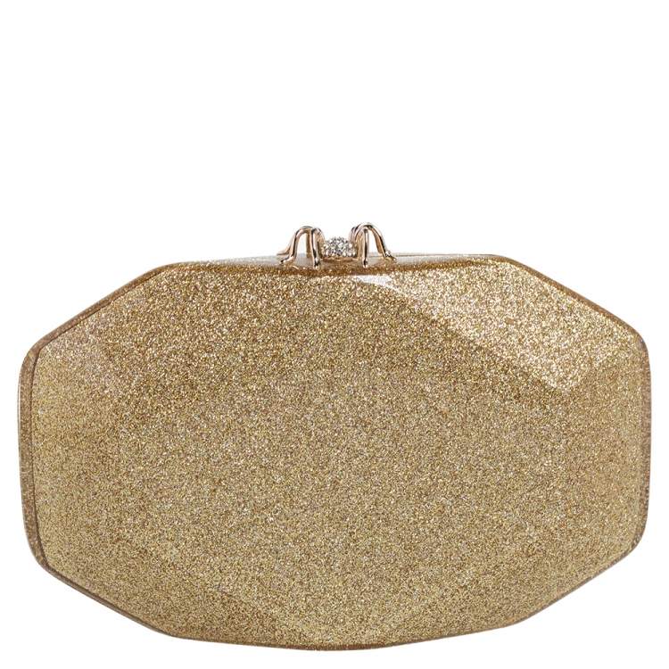 Pre Owned Charlotte Olympia Gold Perspex Spider Lock Clutch