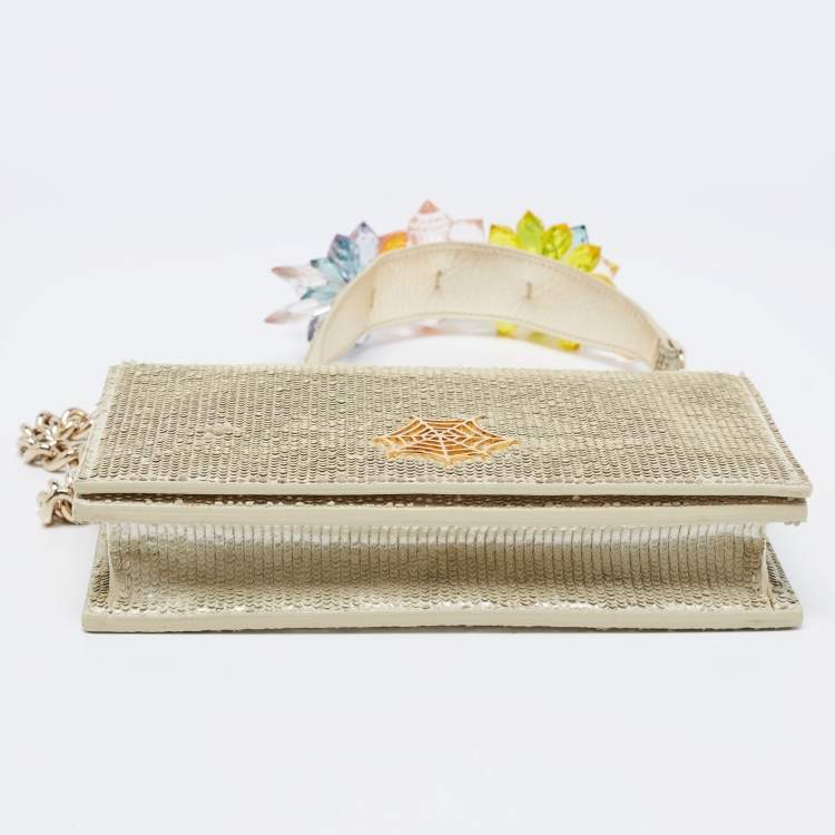 Pre Owned Charlotte Olympia Silver Leather Sequin Embellished Chain Clutch