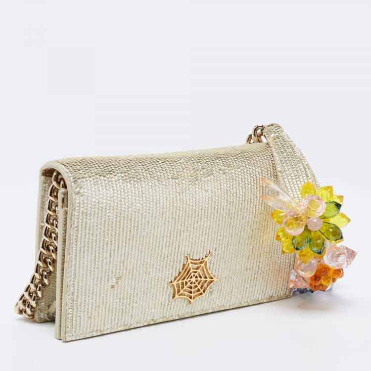 Pre Owned Charlotte Olympia Silver Leather Sequin Embellished Chain Clutch