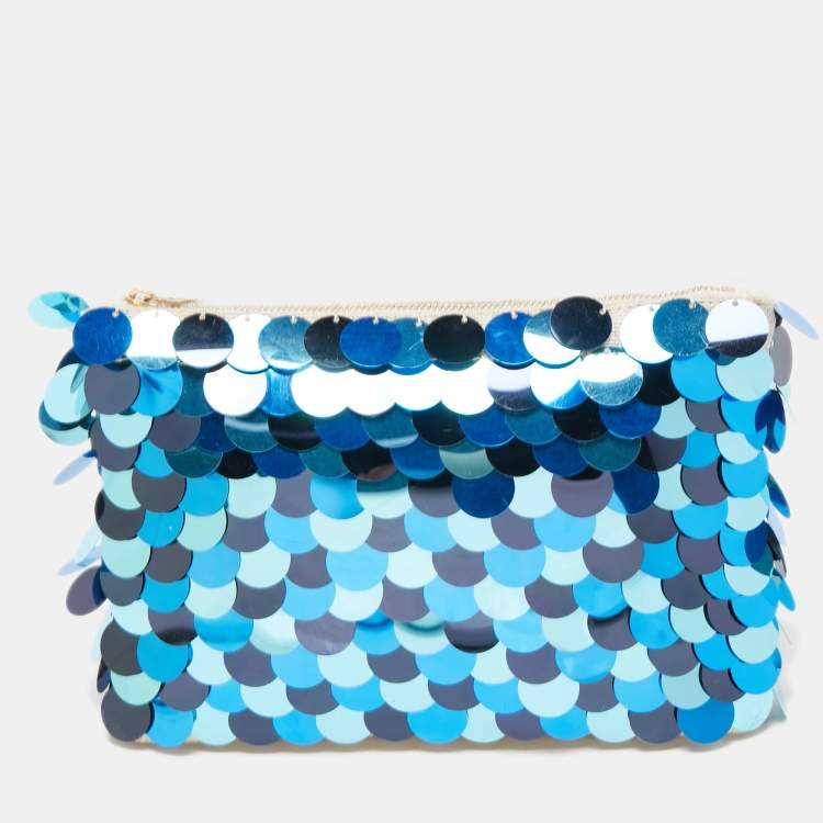Pre Owned Charlotte Olympia Blue/Beige Canvas and Sequins Zip Pouch