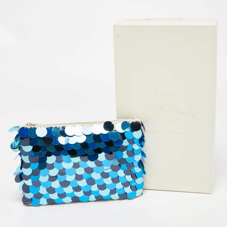Pre Owned Charlotte Olympia Blue/Beige Canvas and Sequins Zip Pouch