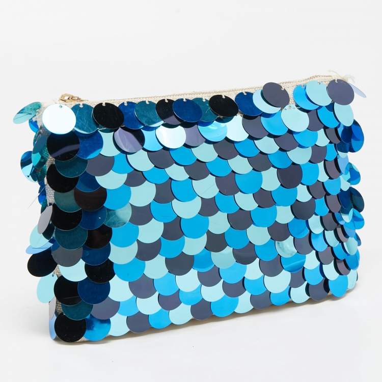 Pre Owned Charlotte Olympia Blue/Beige Canvas and Sequins Zip Pouch