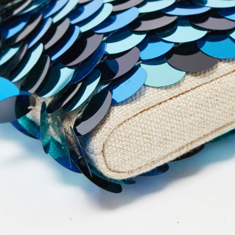 Pre Owned Charlotte Olympia Blue/Beige Canvas and Sequins Zip Pouch