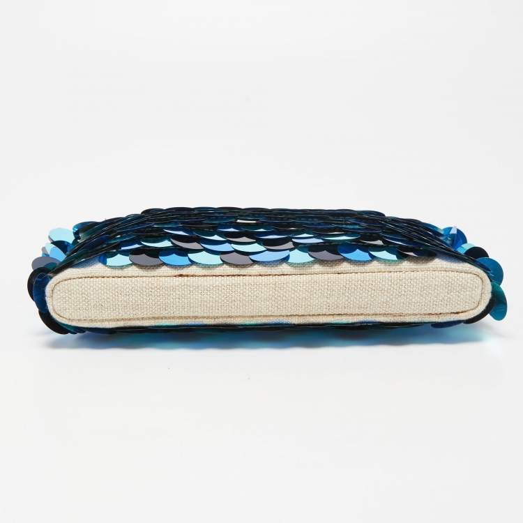 Pre Owned Charlotte Olympia Blue/Beige Canvas and Sequins Zip Pouch