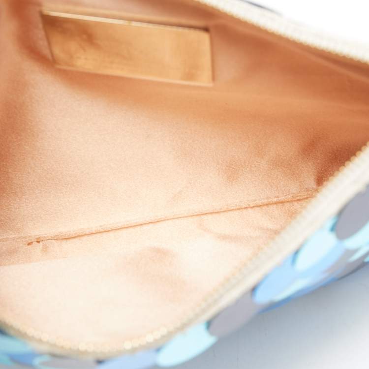 Pre Owned Charlotte Olympia Blue/Beige Canvas and Sequins Zip Pouch