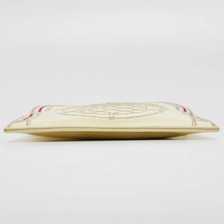 Pre Owned Charlotte Olympia Cream Patent Leather Embroidered Chain Clutch