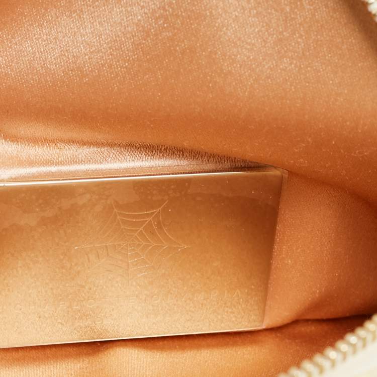 Pre Owned Charlotte Olympia Cream Patent Leather Embroidered Chain Clutch