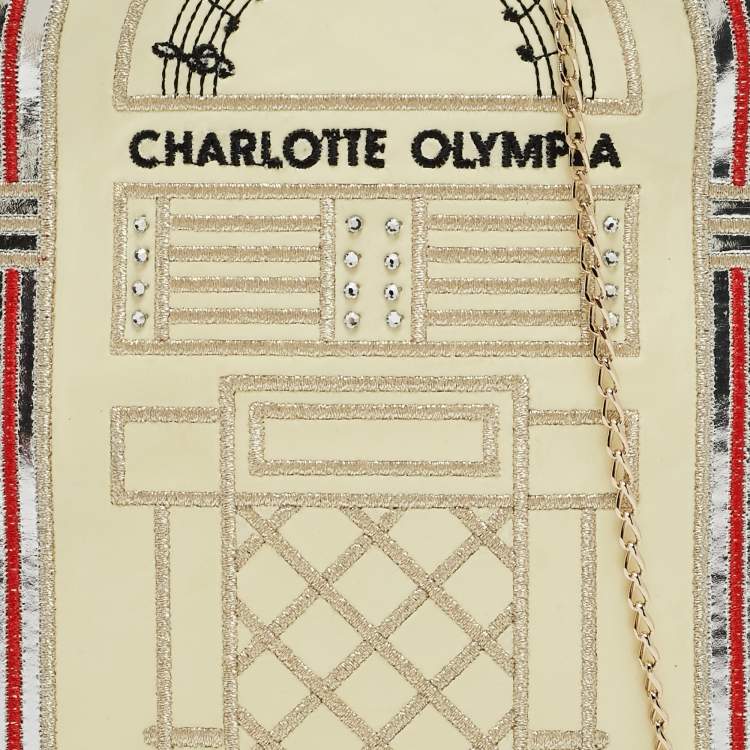 Pre Owned Charlotte Olympia Cream Patent Leather Embroidered Chain Clutch