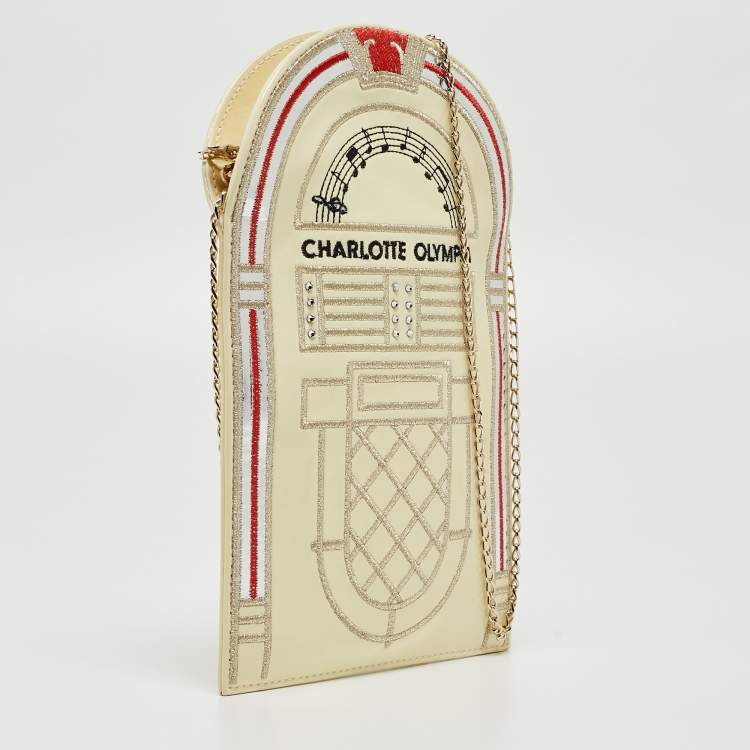 Pre Owned Charlotte Olympia Cream Patent Leather Embroidered Chain Clutch