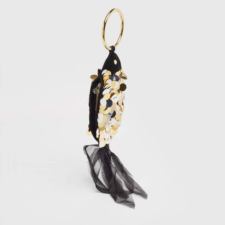 Pre Owned Charlotte Olympia Black Alcantara Sequins Goldfish Pouch