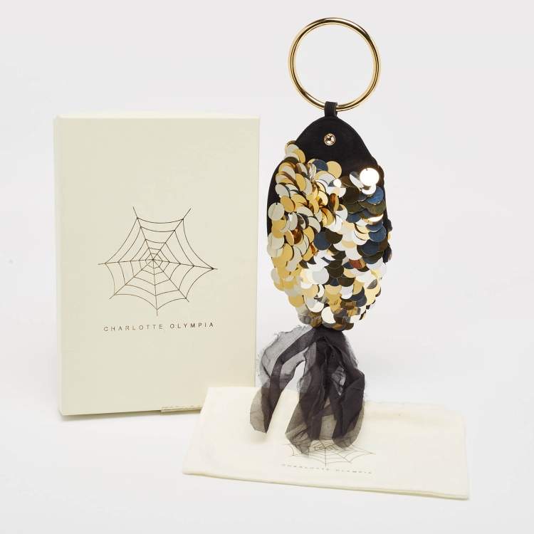 Pre Owned Charlotte Olympia Black Alcantara Sequins Goldfish Pouch