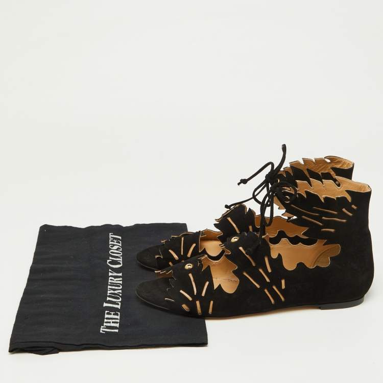 Pre Owned Charlotte Olympia Black Suede Eve Leaf Flat Sandals Size 39