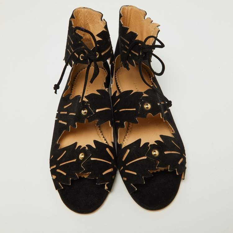 Pre Owned Charlotte Olympia Black Suede Eve Leaf Flat Sandals Size 39
