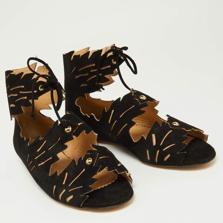Pre Owned Charlotte Olympia Black Suede Eve Leaf Flat Sandals Size 39