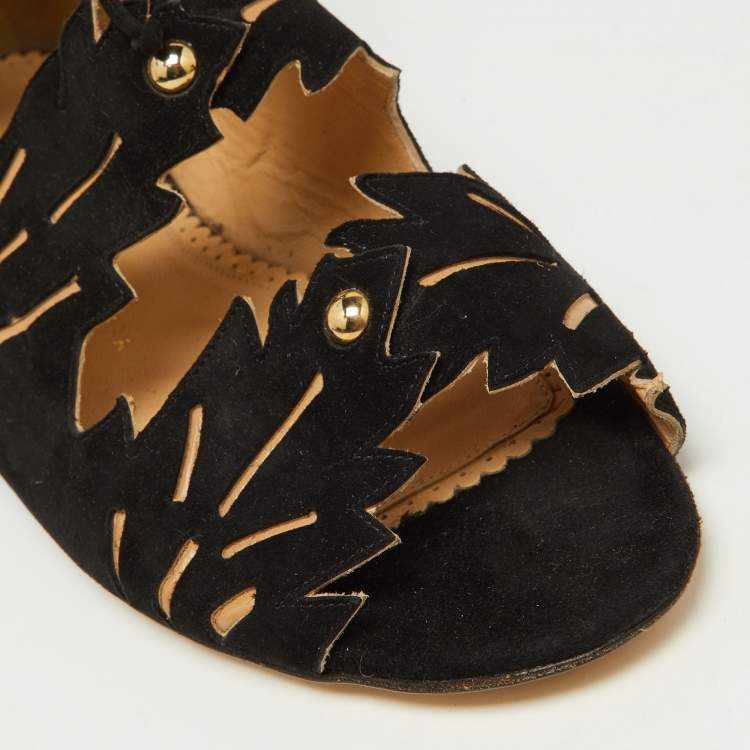 Pre Owned Charlotte Olympia Black Suede Eve Leaf Flat Sandals Size 39