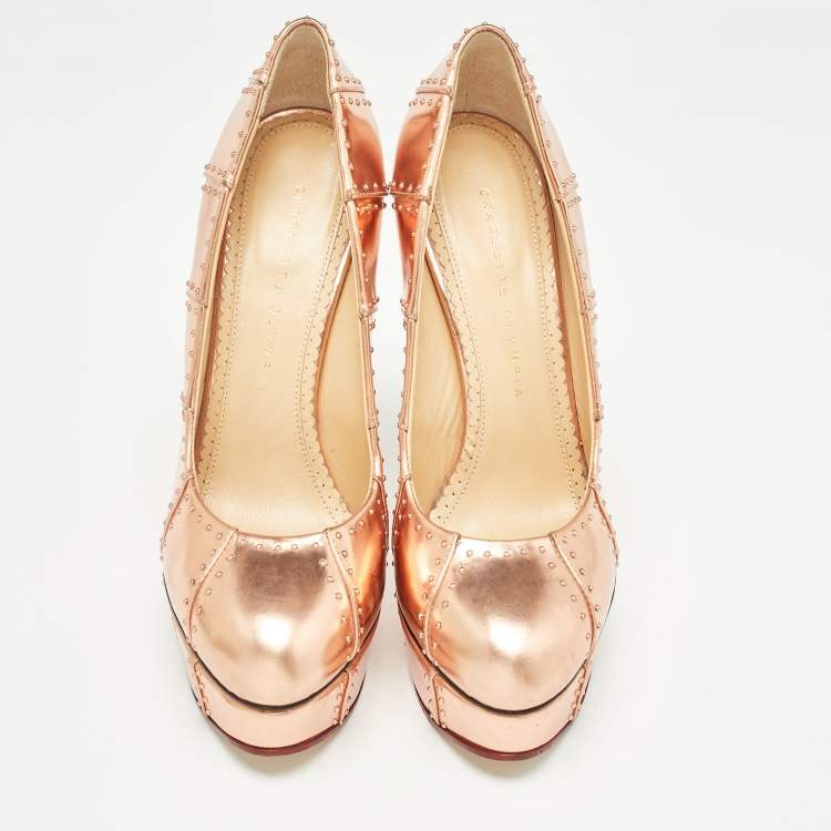 Pre Owned Charlotte Olympia Rose Gold Leather Studded Platform Pumps Size 38.5