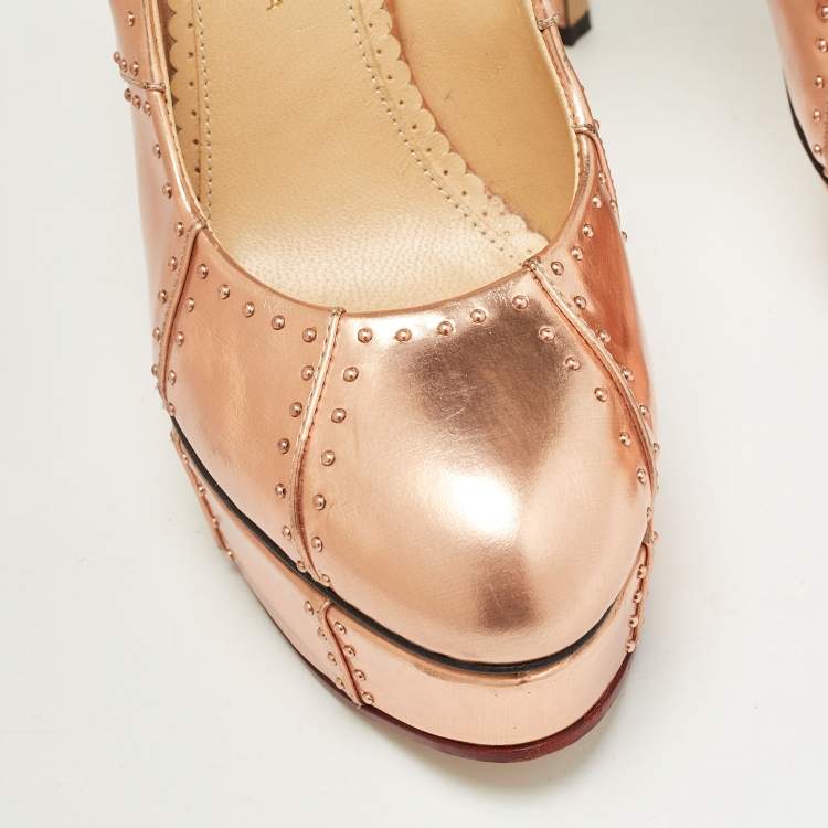 Pre Owned Charlotte Olympia Rose Gold Leather Studded Platform Pumps Size 38.5