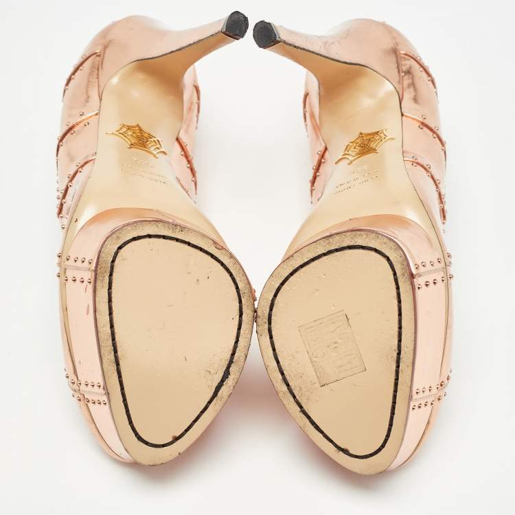 Pre Owned Charlotte Olympia Rose Gold Leather Studded Platform Pumps Size 38.5