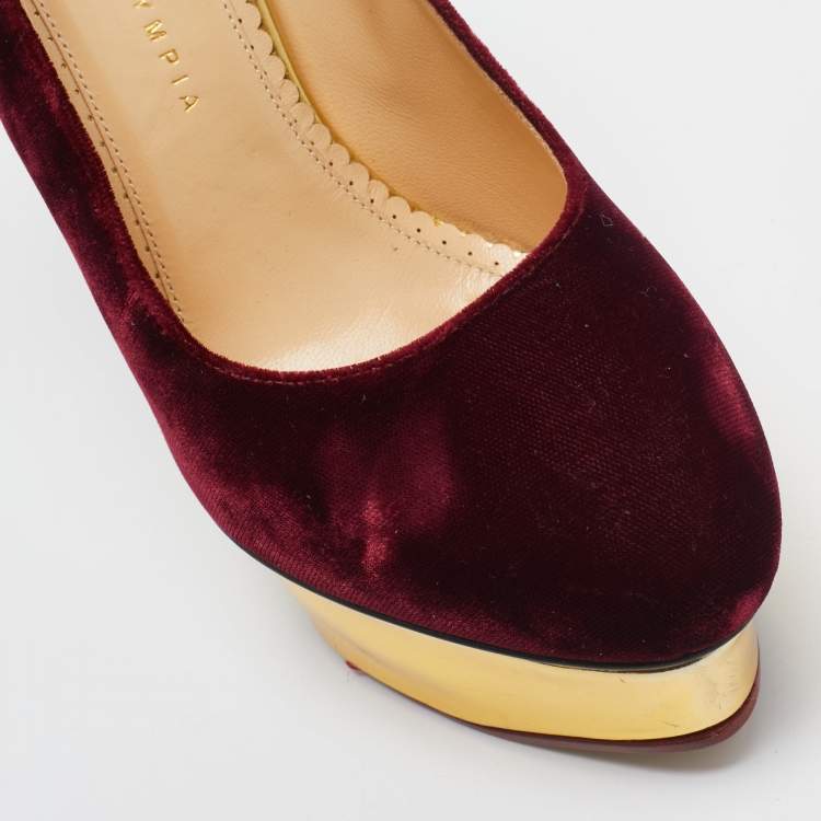 Pre Owned Charlotte Olympia Burgundy Velvet and Leather Dolly Pumps Size 40