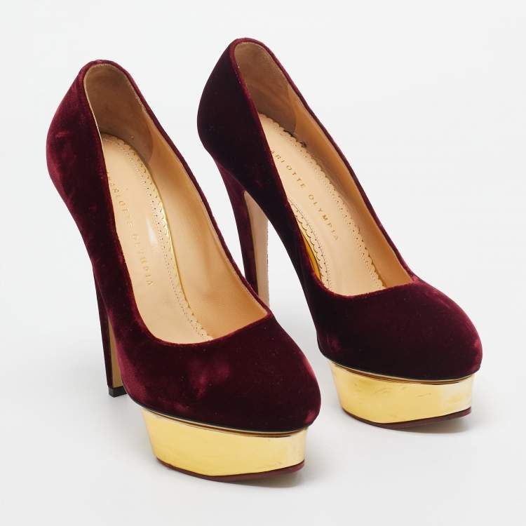 Pre Owned Charlotte Olympia Burgundy Velvet and Leather Dolly Pumps Size 40