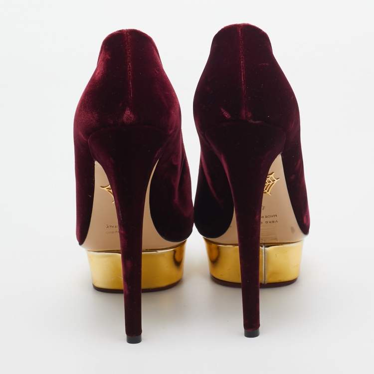 Pre Owned Charlotte Olympia Burgundy Velvet and Leather Dolly Pumps Size 40