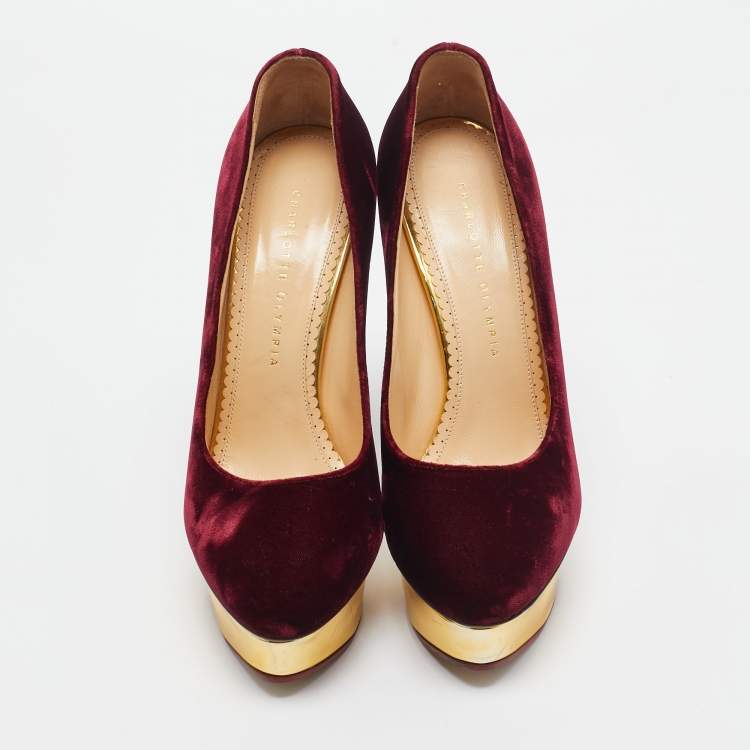 Pre Owned Charlotte Olympia Burgundy Velvet and Leather Dolly Pumps Size 40