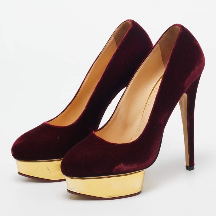 Pre Owned Charlotte Olympia Burgundy Velvet and Leather Dolly Pumps Size 40
