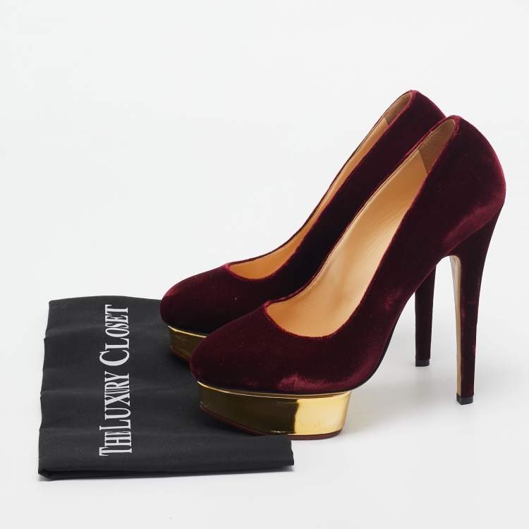Pre Owned Charlotte Olympia Burgundy Velvet and Leather Dolly Pumps Size 40