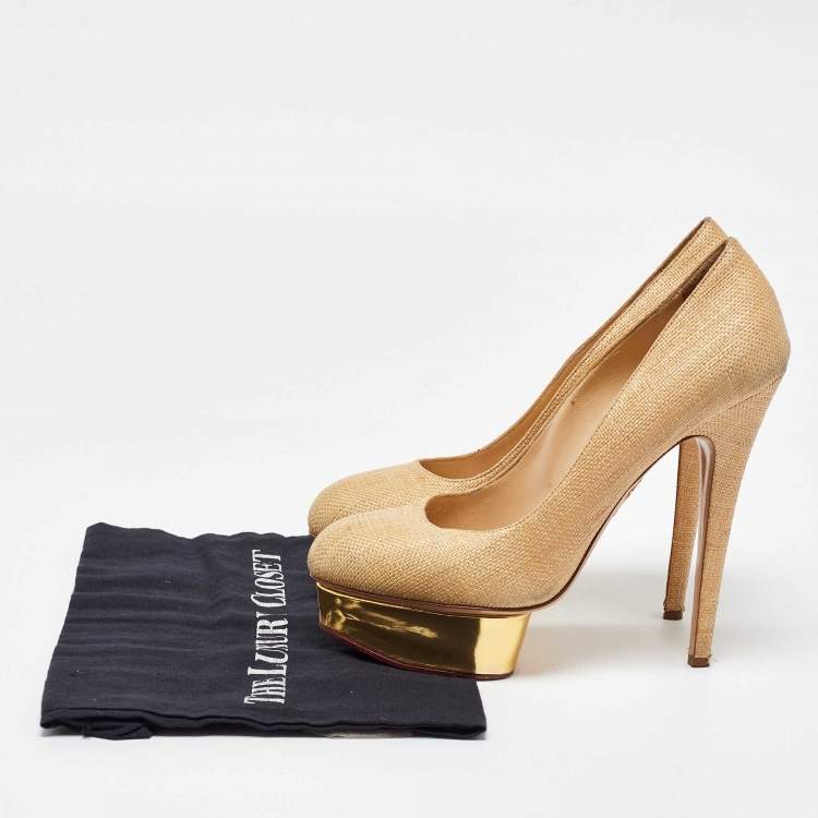 Pre Owned Charlotte Olympia Beige/Gold Raffia and Leather Dolly Platform Pumps Size 41
