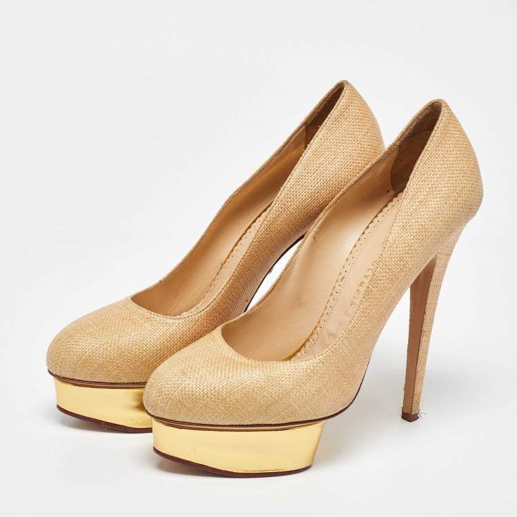 Pre Owned Charlotte Olympia Beige/Gold Raffia and Leather Dolly Platform Pumps Size 41
