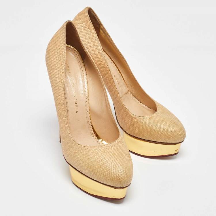 Pre Owned Charlotte Olympia Beige/Gold Raffia and Leather Dolly Platform Pumps Size 41