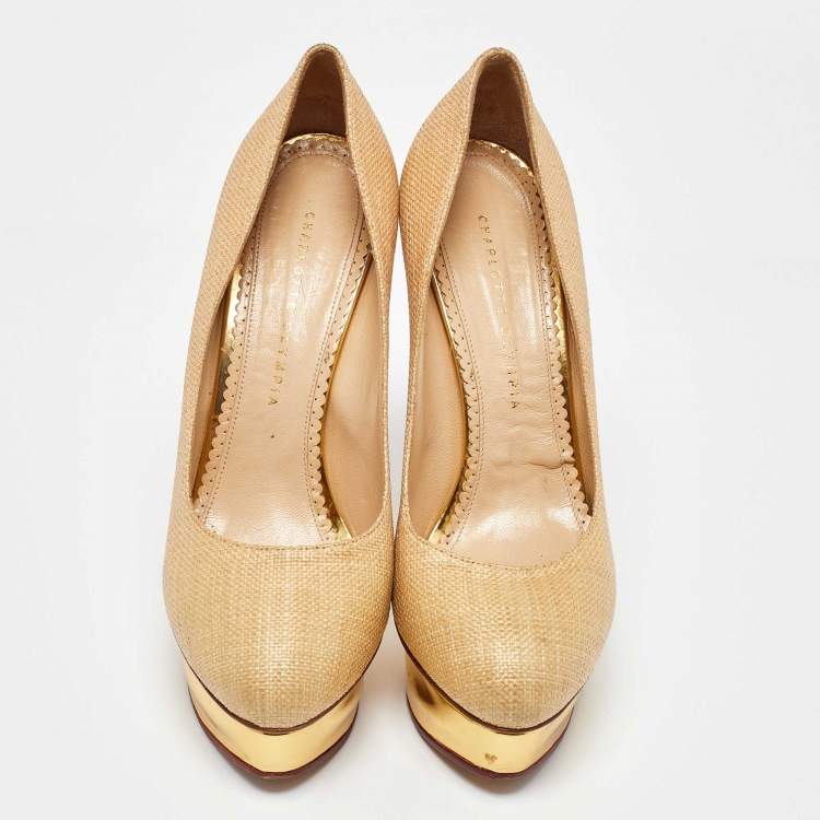 Pre Owned Charlotte Olympia Beige/Gold Raffia and Leather Dolly Platform Pumps Size 41