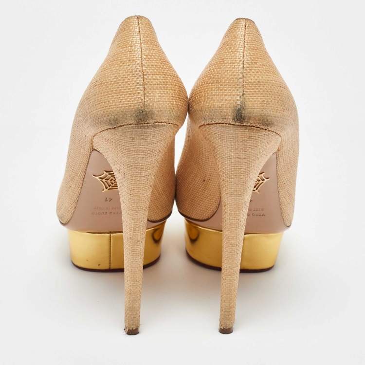 Pre Owned Charlotte Olympia Beige/Gold Raffia and Leather Dolly Platform Pumps Size 41