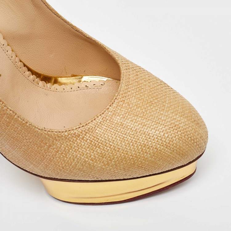 Pre Owned Charlotte Olympia Beige/Gold Raffia and Leather Dolly Platform Pumps Size 41