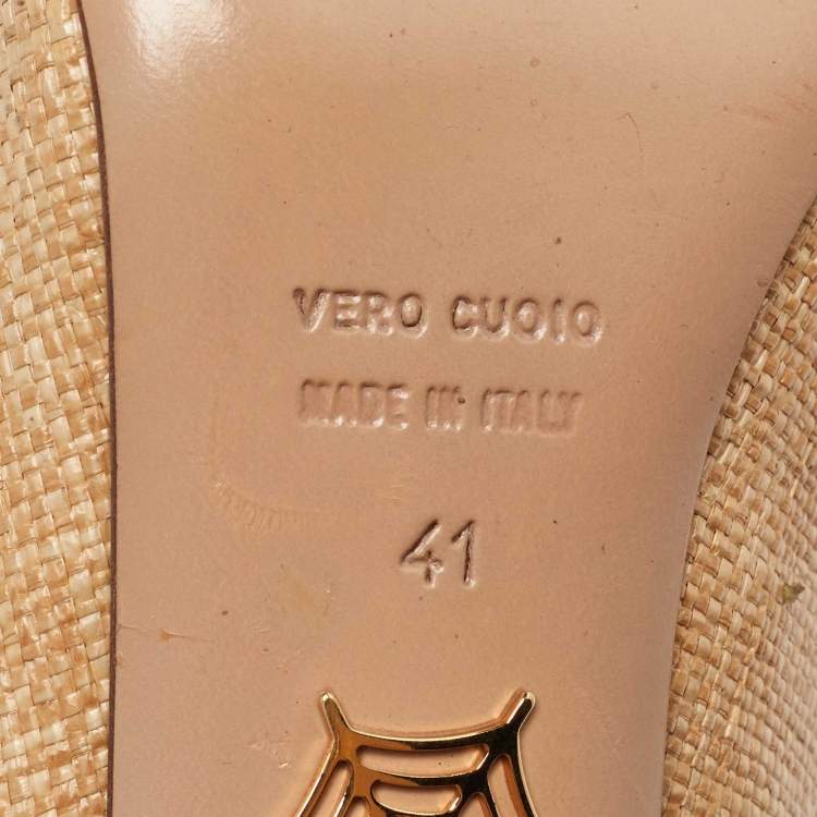 Pre Owned Charlotte Olympia Beige/Gold Raffia and Leather Dolly Platform Pumps Size 41