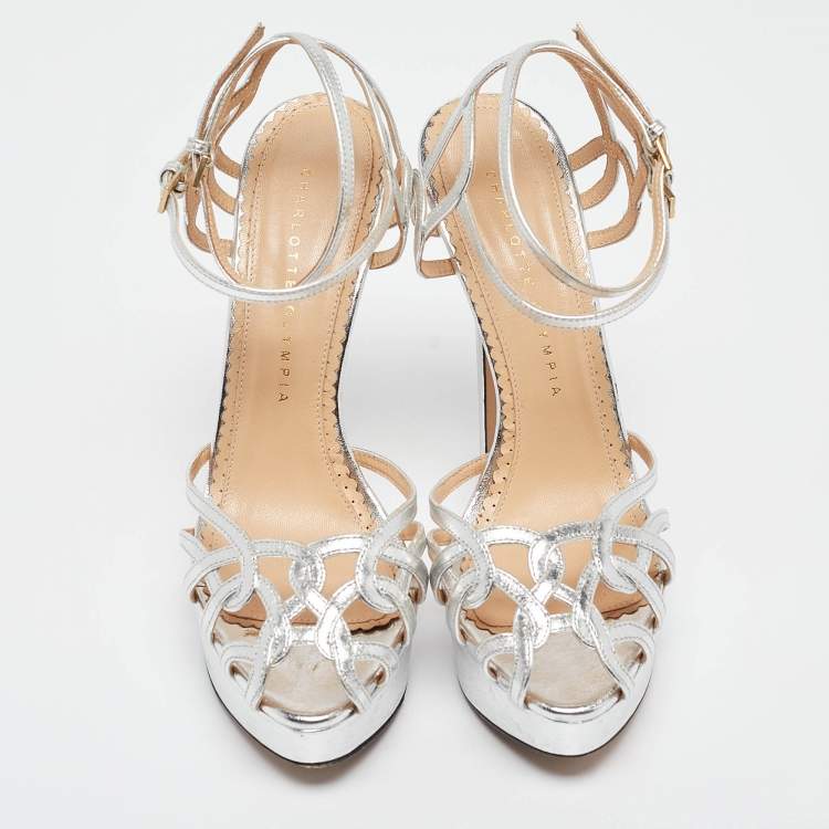 Pre Owned Charlotte Olympia Silver Leather Ursula Sandals Size 37.5