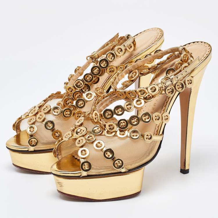Pre Owned Charlotte Olympia Gold Leather and Mesh Button Up Isadora Sandals Size 39