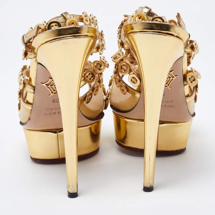 Pre Owned Charlotte Olympia Gold Leather and Mesh Button Up Isadora Sandals Size 39