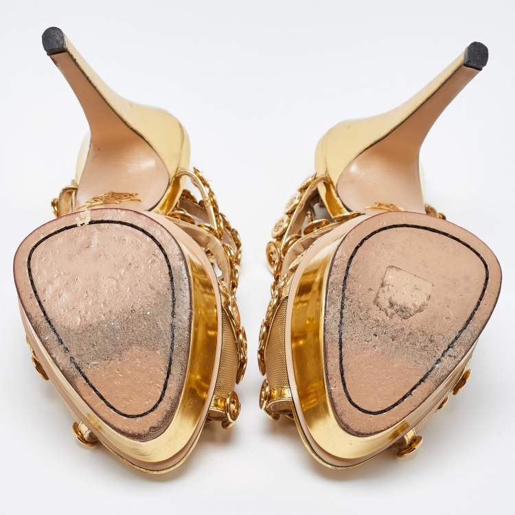 Pre Owned Charlotte Olympia Gold Leather and Mesh Button Up Isadora Sandals Size 39