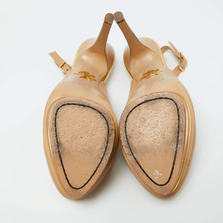 Pre Owned Charlotte Olympia Beige Leather Dolly Platform Slingback Pumps Size 38.5
